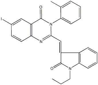 6-iodo-3-(2-methylphenyl)-2-[(2-oxo-1-propyl-1,2-dihydro-3H-indol-3-ylidene)methyl]-4(3H)-quinazolinone 구조식 이미지