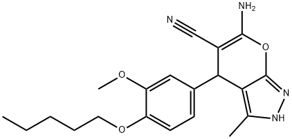 6-amino-3-methyl-4-[3-(methyloxy)-4-(pentyloxy)phenyl]-2,4-dihydropyrano[2,3-c]pyrazole-5-carbonitrile 구조식 이미지