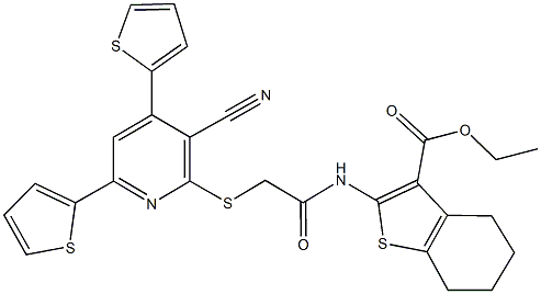 ethyl 2-[({[3-cyano-4,6-di(2-thienyl)-2-pyridinyl]sulfanyl}acetyl)amino]-4,5,6,7-tetrahydro-1-benzothiophene-3-carboxylate 구조식 이미지