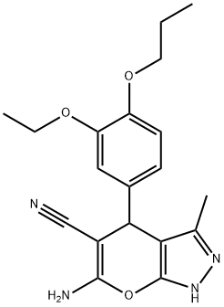 6-amino-4-[3-(ethyloxy)-4-(propyloxy)phenyl]-3-methyl-1,4-dihydropyrano[2,3-c]pyrazole-5-carbonitrile Structure