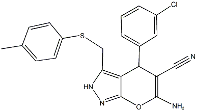 6-amino-4-(3-chlorophenyl)-3-{[(4-methylphenyl)sulfanyl]methyl}-2,4-dihydropyrano[2,3-c]pyrazole-5-carbonitrile 구조식 이미지