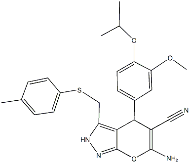 6-amino-4-[4-[(1-methylethyl)oxy]-3-(methyloxy)phenyl]-3-{[(4-methylphenyl)sulfanyl]methyl}-2,4-dihydropyrano[2,3-c]pyrazole-5-carbonitrile 구조식 이미지