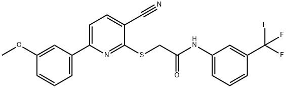 2-{[3-cyano-6-(3-methoxyphenyl)-2-pyridinyl]sulfanyl}-N-[3-(trifluoromethyl)phenyl]acetamide 구조식 이미지