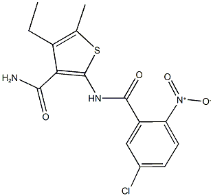 2-({5-chloro-2-nitrobenzoyl}amino)-4-ethyl-5-methyl-3-thiophenecarboxamide 구조식 이미지
