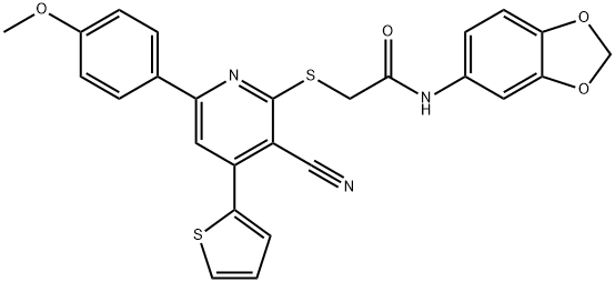N-(1,3-benzodioxol-5-yl)-2-{[3-cyano-6-(4-methoxyphenyl)-4-(2-thienyl)-2-pyridinyl]sulfanyl}acetamide 구조식 이미지