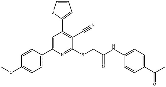 N-(4-acetylphenyl)-2-{[3-cyano-6-(4-methoxyphenyl)-4-(2-thienyl)-2-pyridinyl]sulfanyl}acetamide 구조식 이미지