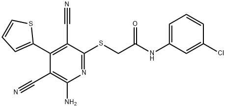 2-{[6-amino-3,5-dicyano-4-(2-thienyl)-2-pyridinyl]sulfanyl}-N-(3-chlorophenyl)acetamide 구조식 이미지