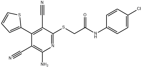 2-{[6-amino-3,5-dicyano-4-(2-thienyl)-2-pyridinyl]sulfanyl}-N-(4-chlorophenyl)acetamide 구조식 이미지