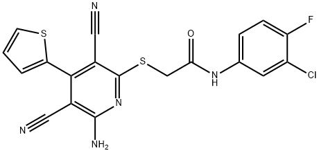 2-{[6-amino-3,5-dicyano-4-(2-thienyl)-2-pyridinyl]sulfanyl}-N-(3-chloro-4-fluorophenyl)acetamide 구조식 이미지