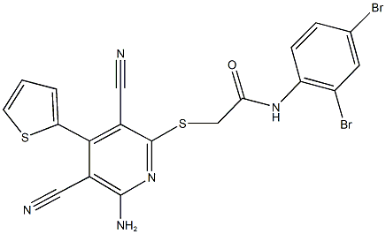 2-{[6-amino-3,5-dicyano-4-(2-thienyl)-2-pyridinyl]sulfanyl}-N-(2,4-dibromophenyl)acetamide 구조식 이미지