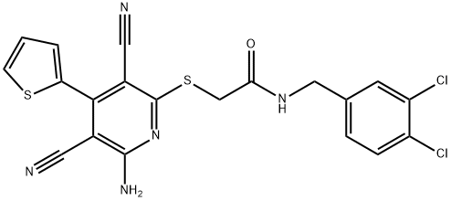 2-{[6-amino-3,5-dicyano-4-(2-thienyl)-2-pyridinyl]sulfanyl}-N-(3,4-dichlorobenzyl)acetamide Structure