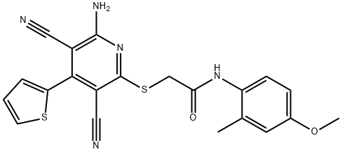 2-{[6-amino-3,5-dicyano-4-(2-thienyl)-2-pyridinyl]sulfanyl}-N-(4-methoxy-2-methylphenyl)acetamide 구조식 이미지