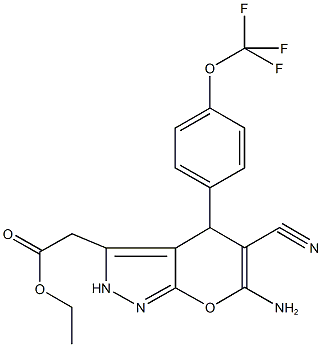 ethyl {6-amino-5-cyano-4-[4-(trifluoromethoxy)phenyl]-2,4-dihydropyrano[2,3-c]pyrazol-3-yl}acetate 구조식 이미지