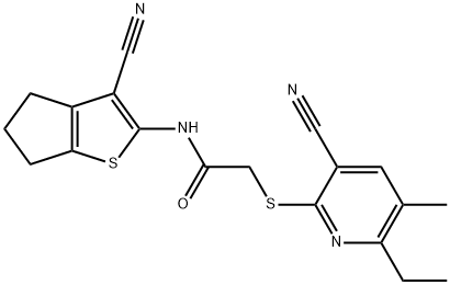 N-(3-cyano-5,6-dihydro-4H-cyclopenta[b]thien-2-yl)-2-[(3-cyano-6-ethyl-5-methyl-2-pyridinyl)sulfanyl]acetamide Structure