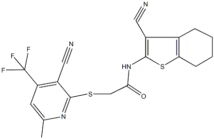 2-{[3-cyano-6-methyl-4-(trifluoromethyl)-2-pyridinyl]sulfanyl}-N-(3-cyano-4,5,6,7-tetrahydro-1-benzothien-2-yl)acetamide Structure