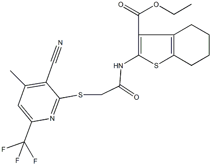 ethyl 2-[({[3-cyano-4-methyl-6-(trifluoromethyl)-2-pyridinyl]sulfanyl}acetyl)amino]-4,5,6,7-tetrahydro-1-benzothiophene-3-carboxylate 구조식 이미지