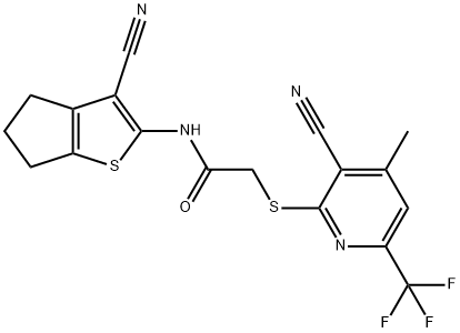 N-(3-cyano-5,6-dihydro-4H-cyclopenta[b]thien-2-yl)-2-{[3-cyano-4-methyl-6-(trifluoromethyl)-2-pyridinyl]sulfanyl}acetamide Structure