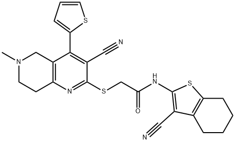 2-{[3-cyano-6-methyl-4-(2-thienyl)-5,6,7,8-tetrahydro[1,6]naphthyridin-2-yl]sulfanyl}-N-(3-cyano-4,5,6,7-tetrahydro-1-benzothien-2-yl)acetamide Structure