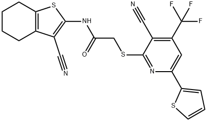 N-(3-cyano-4,5,6,7-tetrahydro-1-benzothien-2-yl)-2-{[3-cyano-6-(2-thienyl)-4-(trifluoromethyl)-2-pyridinyl]sulfanyl}acetamide 구조식 이미지