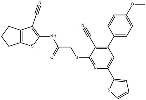 N-(3-cyano-5,6-dihydro-4H-cyclopenta[b]thien-2-yl)-2-{[3-cyano-4-(4-methoxyphenyl)-6-(2-thienyl)-2-pyridinyl]sulfanyl}acetamide 구조식 이미지