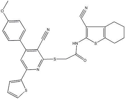 2-{[3-cyano-4-(4-methoxyphenyl)-6-(2-thienyl)-2-pyridinyl]sulfanyl}-N-(3-cyano-4,5,6,7-tetrahydro-1-benzothien-2-yl)acetamide Structure