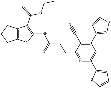 ethyl 2-[({[3-cyano-6-(2-thienyl)-4-(3-thienyl)-2-pyridinyl]sulfanyl}acetyl)amino]-5,6-dihydro-4H-cyclopenta[b]thiophene-3-carboxylate Structure
