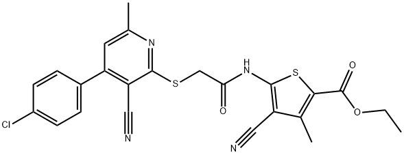 ethyl 5-[({[4-(4-chlorophenyl)-3-cyano-6-methyl-2-pyridinyl]sulfanyl}acetyl)amino]-4-cyano-3-methyl-2-thiophenecarboxylate Structure