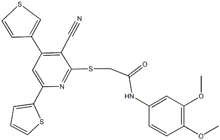 2-{[3-cyano-6-(2-thienyl)-4-(3-thienyl)-2-pyridinyl]sulfanyl}-N-(3,4-dimethoxyphenyl)acetamide 구조식 이미지