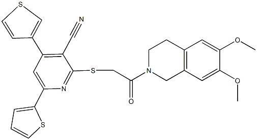 2-{[2-(6,7-dimethoxy-3,4-dihydro-2(1H)-isoquinolinyl)-2-oxoethyl]sulfanyl}-6-(2-thienyl)-4-(3-thienyl)nicotinonitrile 구조식 이미지