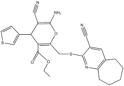 ethyl 6-amino-5-cyano-2-{[(3-cyano-6,7,8,9-tetrahydro-5H-cyclohepta[b]pyridin-2-yl)sulfanyl]methyl}-4-(3-thienyl)-4H-pyran-3-carboxylate 구조식 이미지