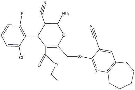 ethyl 6-amino-4-(2-chloro-6-fluorophenyl)-5-cyano-2-{[(3-cyano-6,7,8,9-tetrahydro-5H-cyclohepta[b]pyridin-2-yl)sulfanyl]methyl}-4H-pyran-3-carboxylate 구조식 이미지