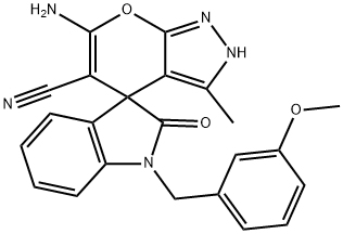 6-amino-1'-(3-methoxybenzyl)-5-cyano-3-methyl-1',3',2,4-tetrahydro-2'-oxospiro[pyrano{2,3-c}pyrazole-4,3'-(2'H)-indole] 구조식 이미지