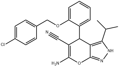 6-amino-4-(2-{[(4-chlorophenyl)methyl]oxy}phenyl)-3-(1-methylethyl)-2,4-dihydropyrano[2,3-c]pyrazole-5-carbonitrile Structure