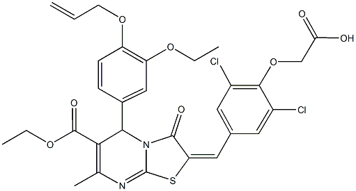 {4-[(5-[4-(allyloxy)-3-ethoxyphenyl]-6-(ethoxycarbonyl)-7-methyl-3-oxo-5H-[1,3]thiazolo[3,2-a]pyrimidin-2(3H)-ylidene)methyl]-2,6-dichlorophenoxy}acetic acid 구조식 이미지