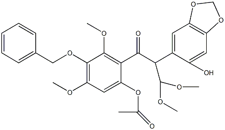 4-(benzyloxy)-2-[2-(6-hydroxy-1,3-benzodioxol-5-yl)-3,3-dimethoxypropanoyl]-3,5-dimethoxyphenyl acetate 구조식 이미지