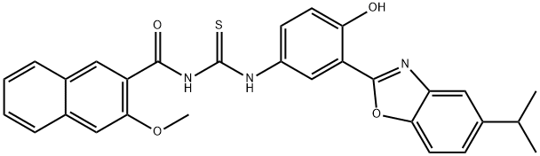 N-[4-hydroxy-3-(5-isopropyl-1,3-benzoxazol-2-yl)phenyl]-N'-(3-methoxy-2-naphthoyl)thiourea Structure