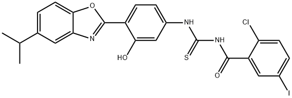 N-(2-chloro-5-iodobenzoyl)-N'-[3-hydroxy-4-(5-isopropyl-1,3-benzoxazol-2-yl)phenyl]thiourea 구조식 이미지