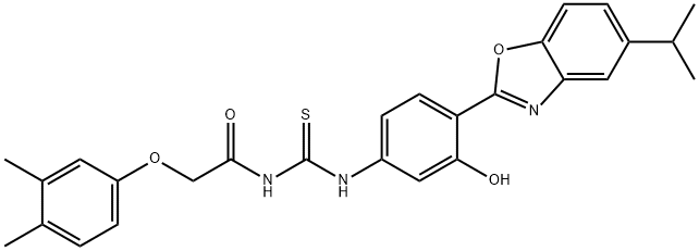 N-[(3,4-dimethylphenoxy)acetyl]-N'-[3-hydroxy-4-(5-isopropyl-1,3-benzoxazol-2-yl)phenyl]thiourea 구조식 이미지