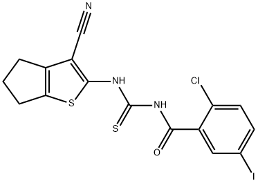 N-(2-chloro-5-iodobenzoyl)-N'-(3-cyano-5,6-dihydro-4H-cyclopenta[b]thien-2-yl)thiourea 구조식 이미지