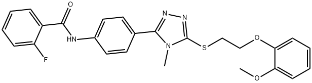 2-fluoro-N-[4-(5-{[2-(2-methoxyphenoxy)ethyl]sulfanyl}-4-methyl-4H-1,2,4-triazol-3-yl)phenyl]benzamide 구조식 이미지