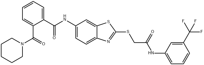 N-[2-({2-oxo-2-[3-(trifluoromethyl)anilino]ethyl}sulfanyl)-1,3-benzothiazol-6-yl]-2-(1-piperidinylcarbonyl)benzamide 구조식 이미지