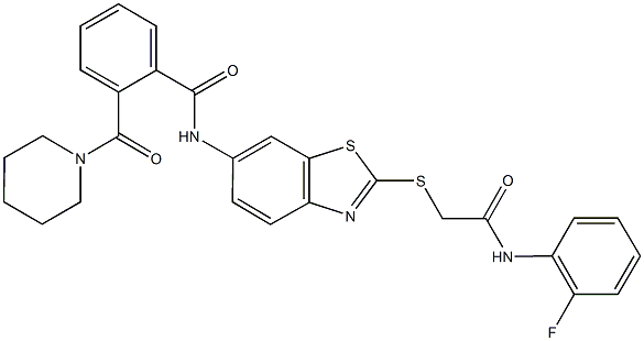 N-(2-{[2-(2-fluoroanilino)-2-oxoethyl]sulfanyl}-1,3-benzothiazol-6-yl)-2-(piperidin-1-ylcarbonyl)benzamide Structure