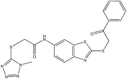 2-[(1-methyl-1H-tetraazol-5-yl)sulfanyl]-N-{2-[(2-oxo-2-phenylethyl)sulfanyl]-1,3-benzothiazol-6-yl}acetamide Structure