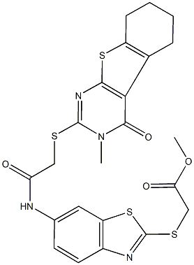 methyl {[6-({[(3-methyl-4-oxo-3,4,5,6,7,8-hexahydro[1]benzothieno[2,3-d]pyrimidin-2-yl)sulfanyl]acetyl}amino)-1,3-benzothiazol-2-yl]sulfanyl}acetate Structure