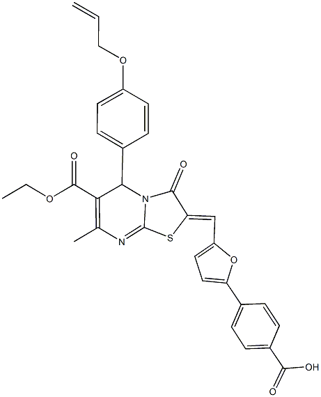 4-{5-[(5-[4-(allyloxy)phenyl]-6-(ethoxycarbonyl)-7-methyl-3-oxo-5H-[1,3]thiazolo[3,2-a]pyrimidin-2(3H)-ylidene)methyl]-2-furyl}benzoic acid 구조식 이미지