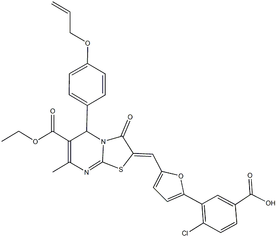 3-{5-[(5-[4-(allyloxy)phenyl]-6-(ethoxycarbonyl)-7-methyl-3-oxo-5H-[1,3]thiazolo[3,2-a]pyrimidin-2(3H)-ylidene)methyl]-2-furyl}-4-chlorobenzoic acid Structure