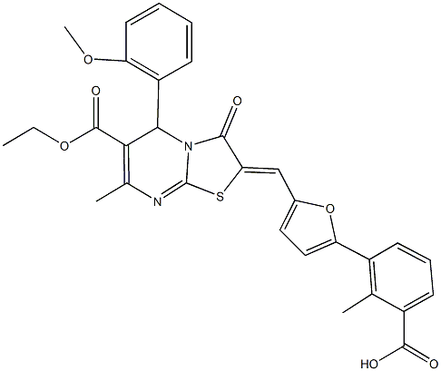 3-{5-[(6-(ethoxycarbonyl)-5-(2-methoxyphenyl)-7-methyl-3-oxo-5H-[1,3]thiazolo[3,2-a]pyrimidin-2(3H)-ylidene)methyl]-2-furyl}-2-methylbenzoic acid 구조식 이미지