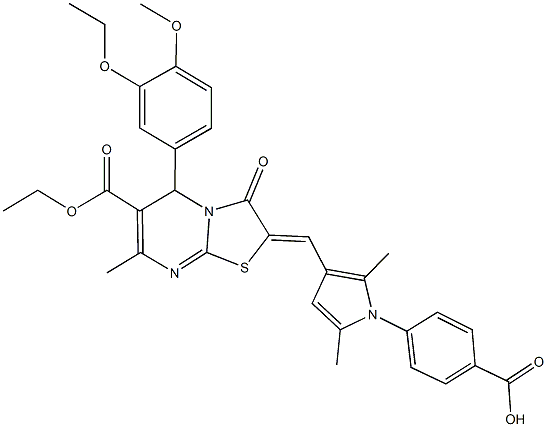 4-{3-[(6-(ethoxycarbonyl)-5-(3-ethoxy-4-methoxyphenyl)-7-methyl-3-oxo-5H-[1,3]thiazolo[3,2-a]pyrimidin-2(3H)-ylidene)methyl]-2,5-dimethyl-1H-pyrrol-1-yl}benzoic acid 구조식 이미지