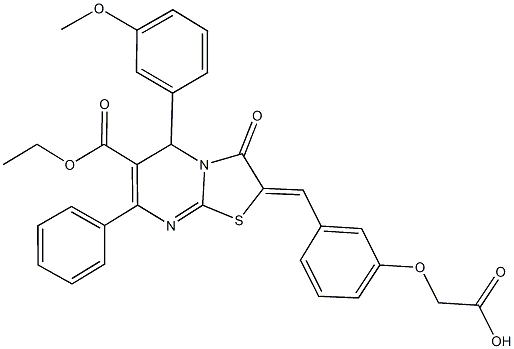 {3-[(6-(ethoxycarbonyl)-5-(3-methoxyphenyl)-3-oxo-7-phenyl-5H-[1,3]thiazolo[3,2-a]pyrimidin-2(3H)-ylidene)methyl]phenoxy}acetic acid 구조식 이미지