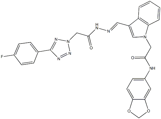 N-(1,3-benzodioxol-5-yl)-2-[3-(2-{[5-(4-fluorophenyl)-2H-tetraazol-2-yl]acetyl}carbohydrazonoyl)-1H-indol-1-yl]acetamide 구조식 이미지